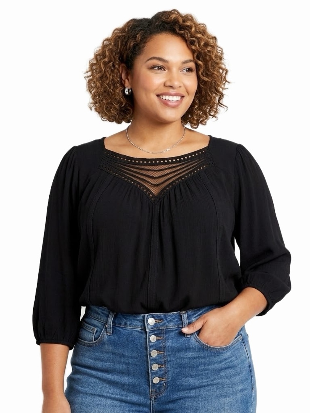 Torrid Black Crochet Neck 4 Button Back Closure Top